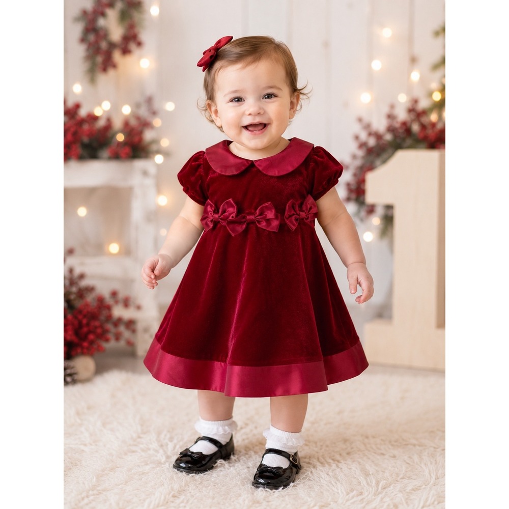 Good Lad Dress Girl 12M Red Velvet Holiday Bow Peter Pan Collar 68454V3
